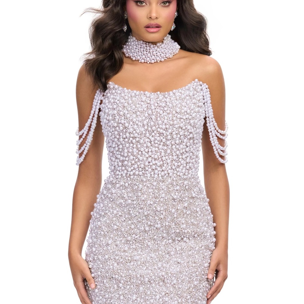 Strapless Pearl-Embellished White Evening Dress